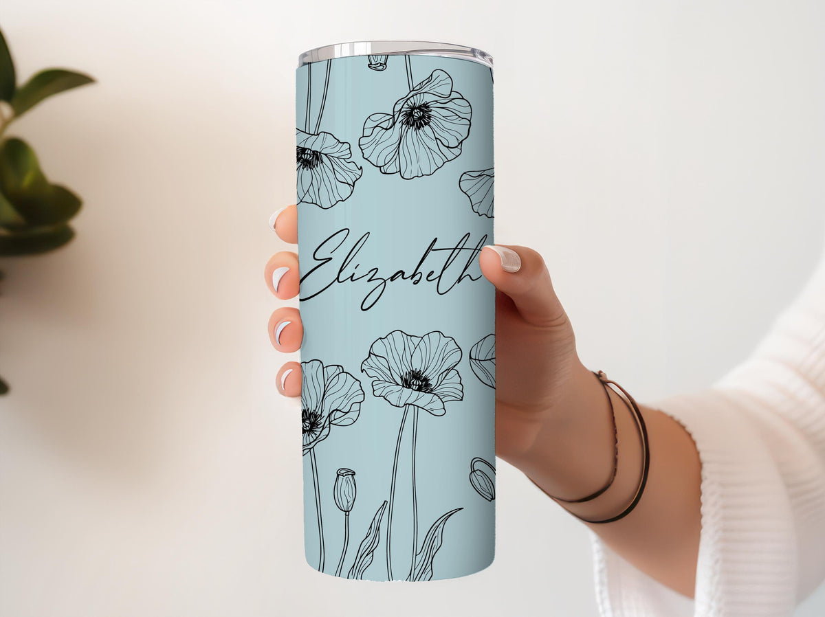 Custom Name Floral Stainless Steel Tumbler, Elegant Women Tumbler With Straw