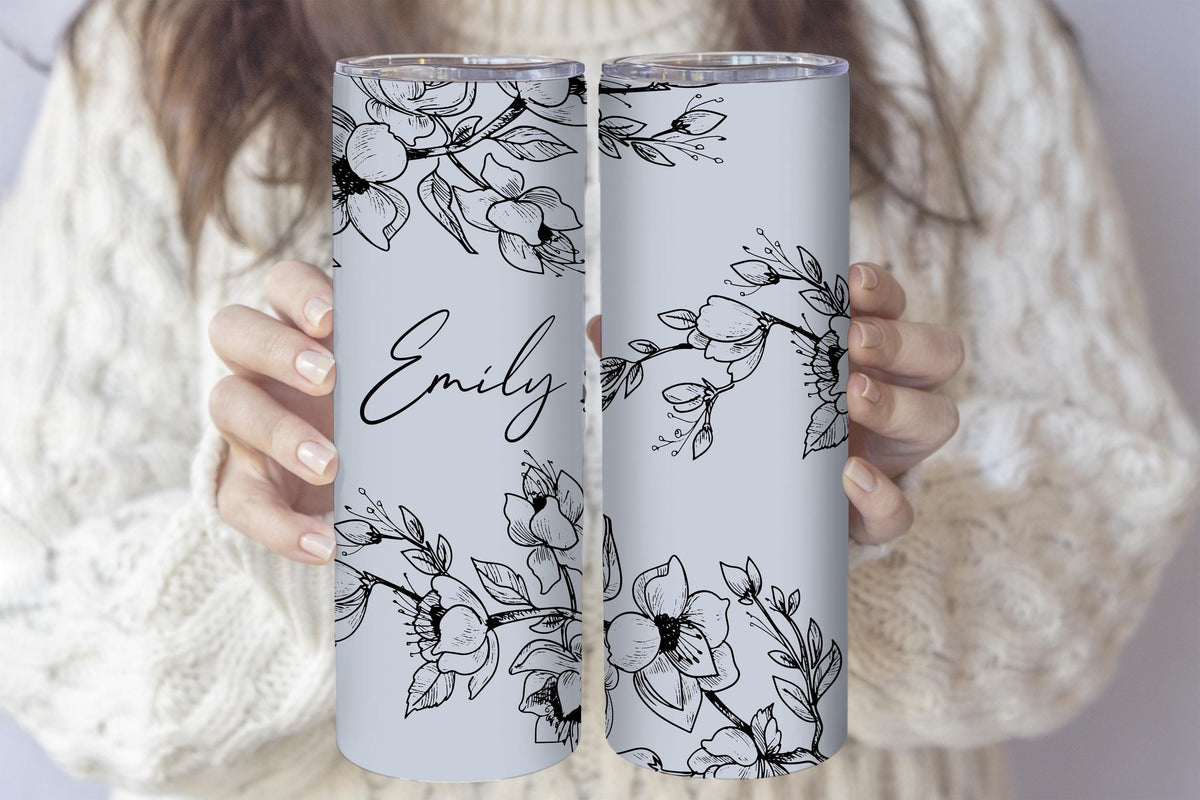 Custom Name Floral Stainless Steel Tumbler, Elegant Women Tumbler With Straw