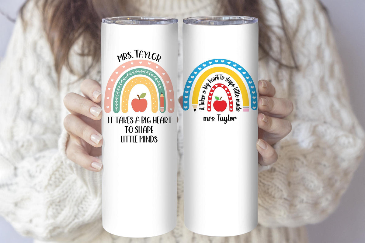 Customizable Teacher Tumbler With Rainbow & Apple