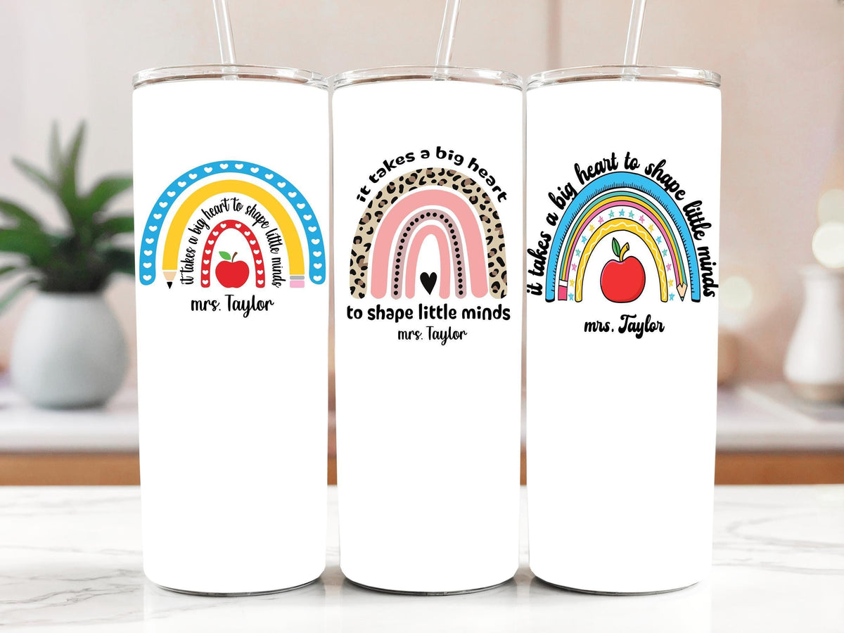 Customizable Teacher Tumbler With Rainbow & Apple