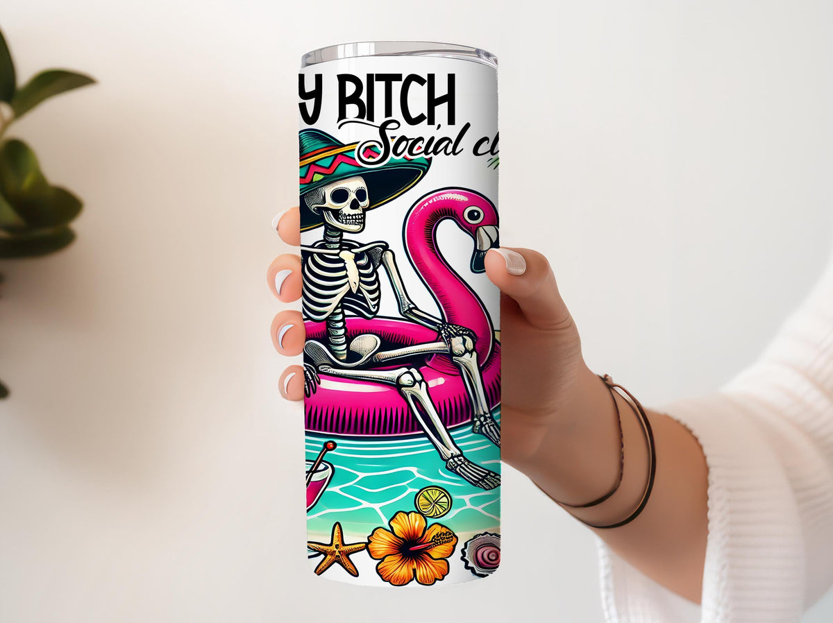 Salty Bitch Social Club Tumbler, Funny Beach Skeleton Flamingo Steel Mug