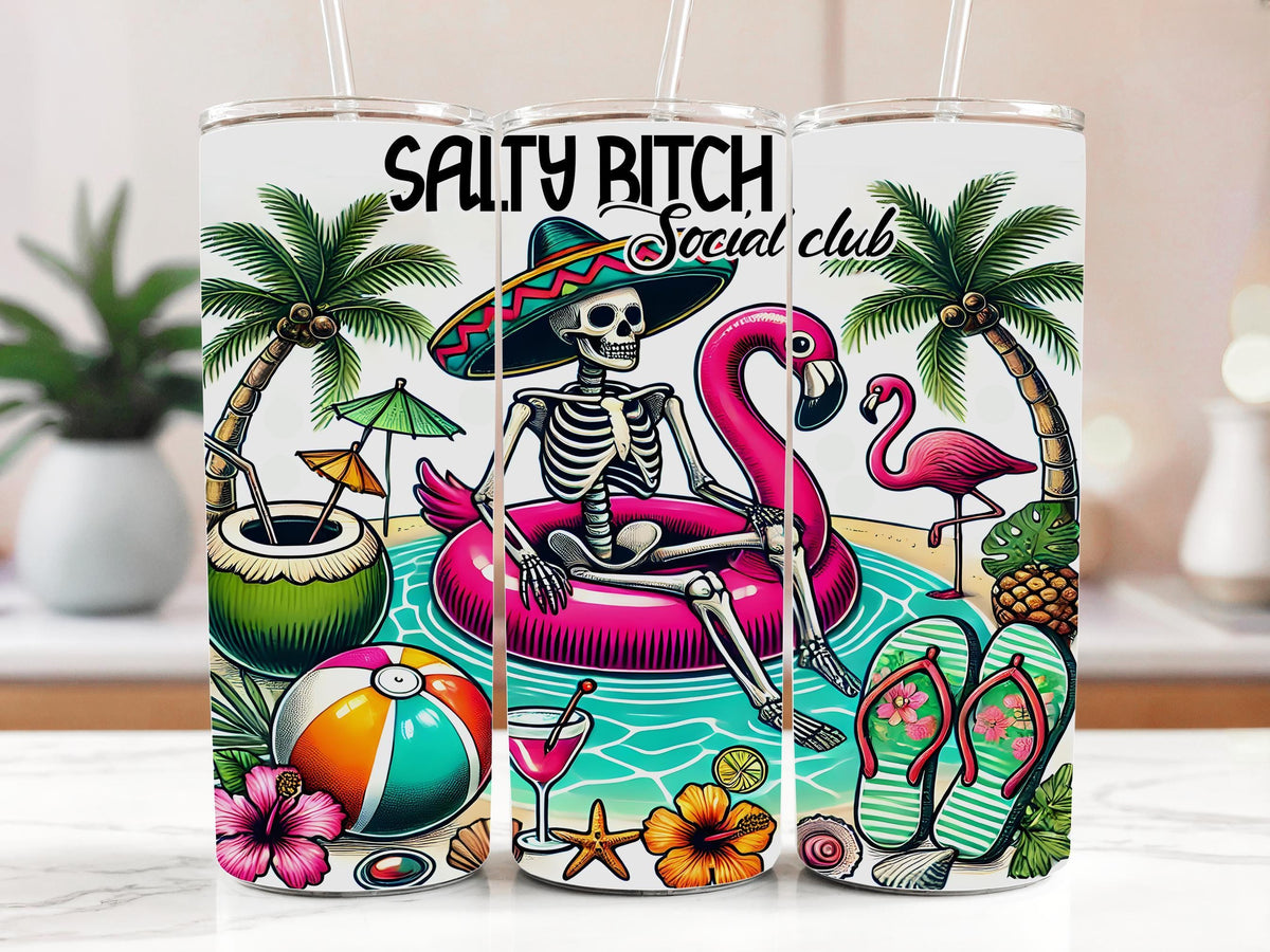 Salty Bitch Social Club Tumbler, Funny Beach Skeleton Flamingo Steel Mug