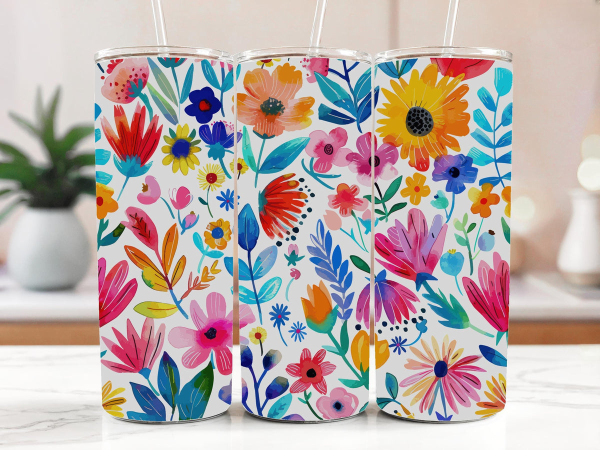 Watercolor Flowers Tumbler – Floral Stainless Steel Travel Cup – Summer Flowers Design Drinkware – Gift for He