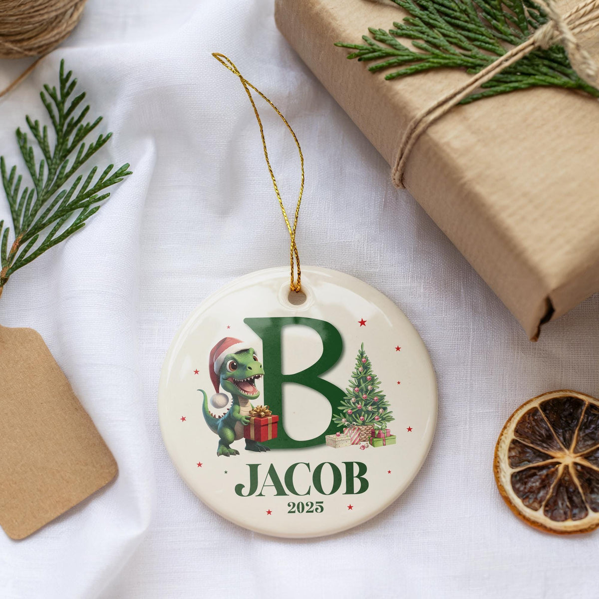 Custom Name And Initial Christmas Ornament, Santa Dinosaur Design Xmas Ceramic Keepsake
