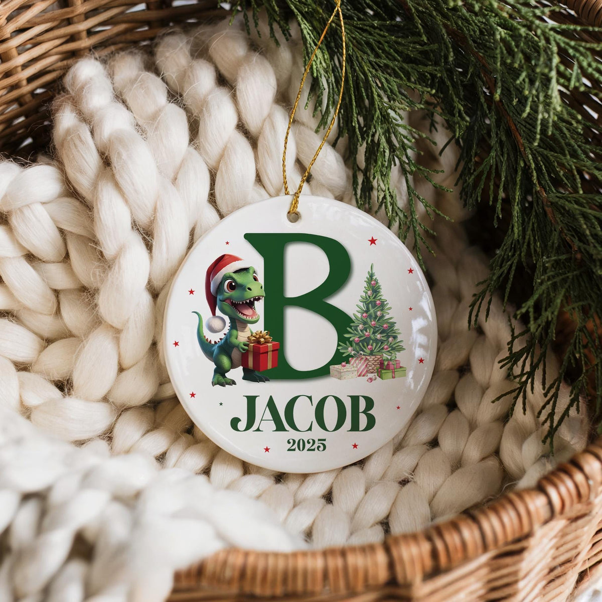 Custom Name And Initial Christmas Ornament, Santa Dinosaur Design Xmas Ceramic Keepsake