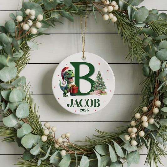 Custom Name And Initial Christmas Ornament, Santa Dinosaur Design Xmas Ceramic Keepsake