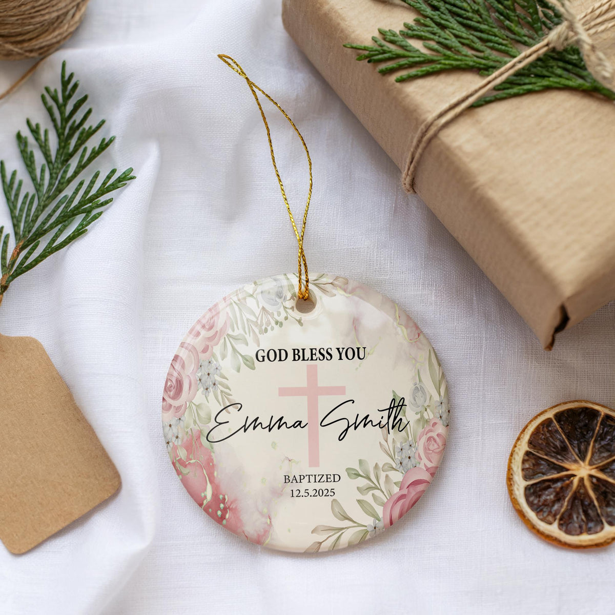 Customizable Baptism Ceramic Ornament, Floral God Bless Christening Keepsake