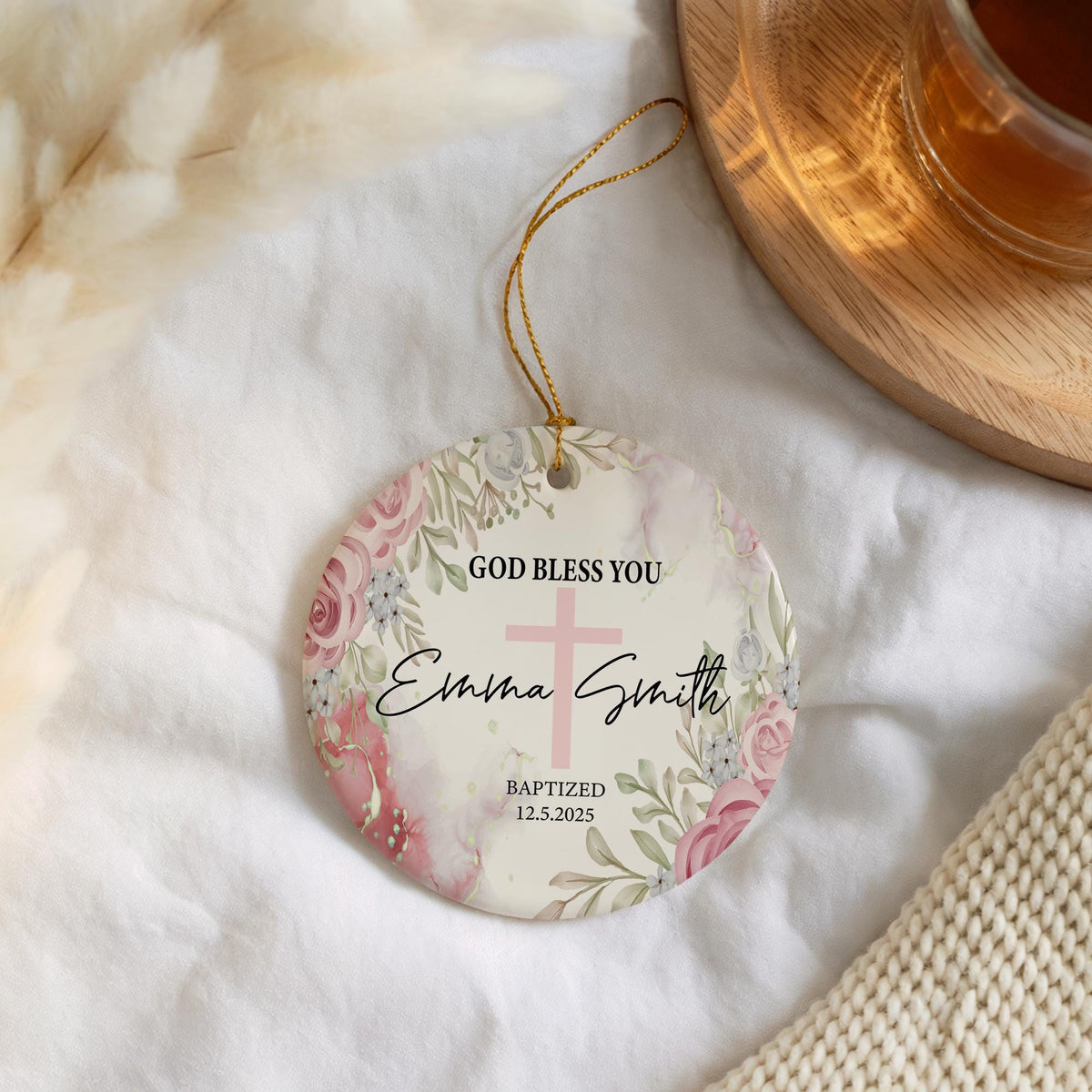 Customizable Baptism Ceramic Ornament, Floral God Bless Christening Keepsake