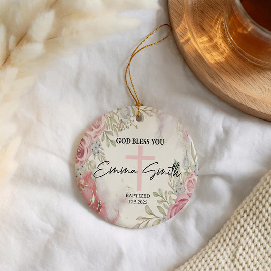 Customizable Baptism Ceramic Ornament, Floral God Bless Christening Keepsake