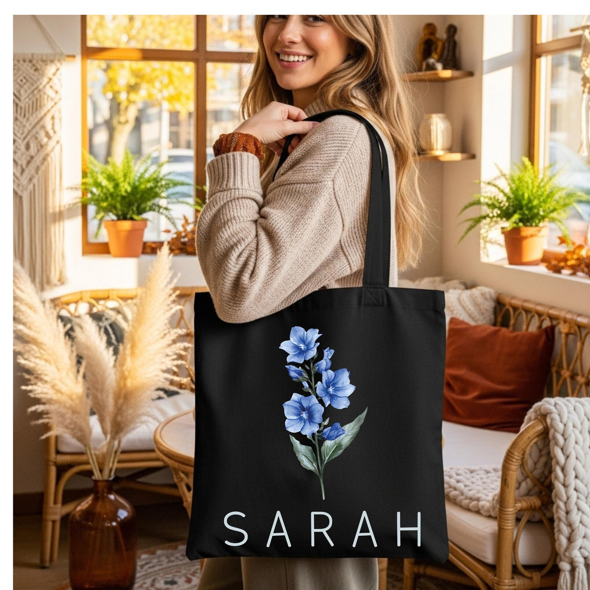 Personalized Birth Flower Tote Bag, Custom Birthday Gift Bag, Floral Tote Bag, Bachelorette Gift