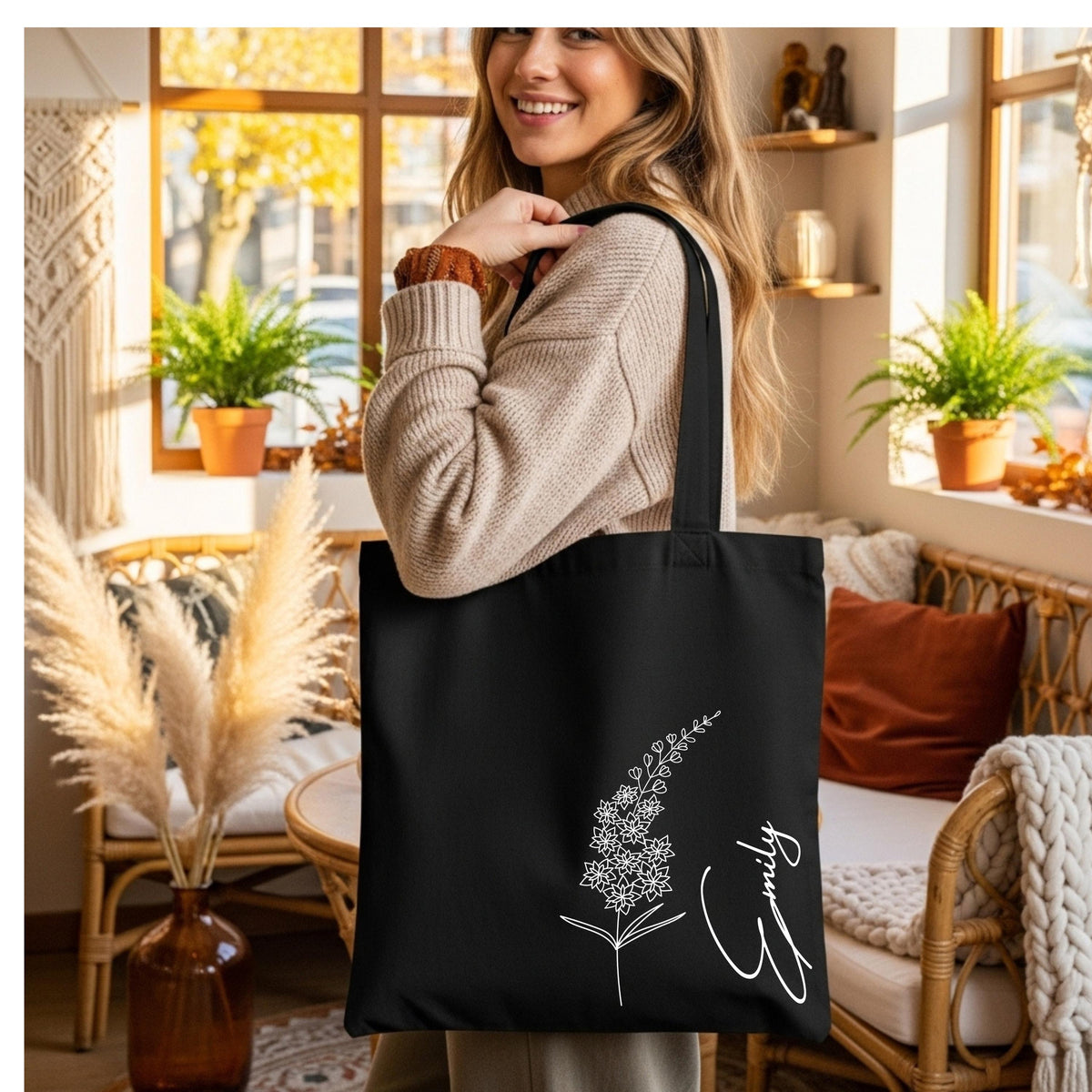 Birth Flower Tote Bag for Woman, Personalized Canvas Tote Bag for Her, Bachelorette Bridesmaid Gifts, Custom Birth Flower Canvas Bag