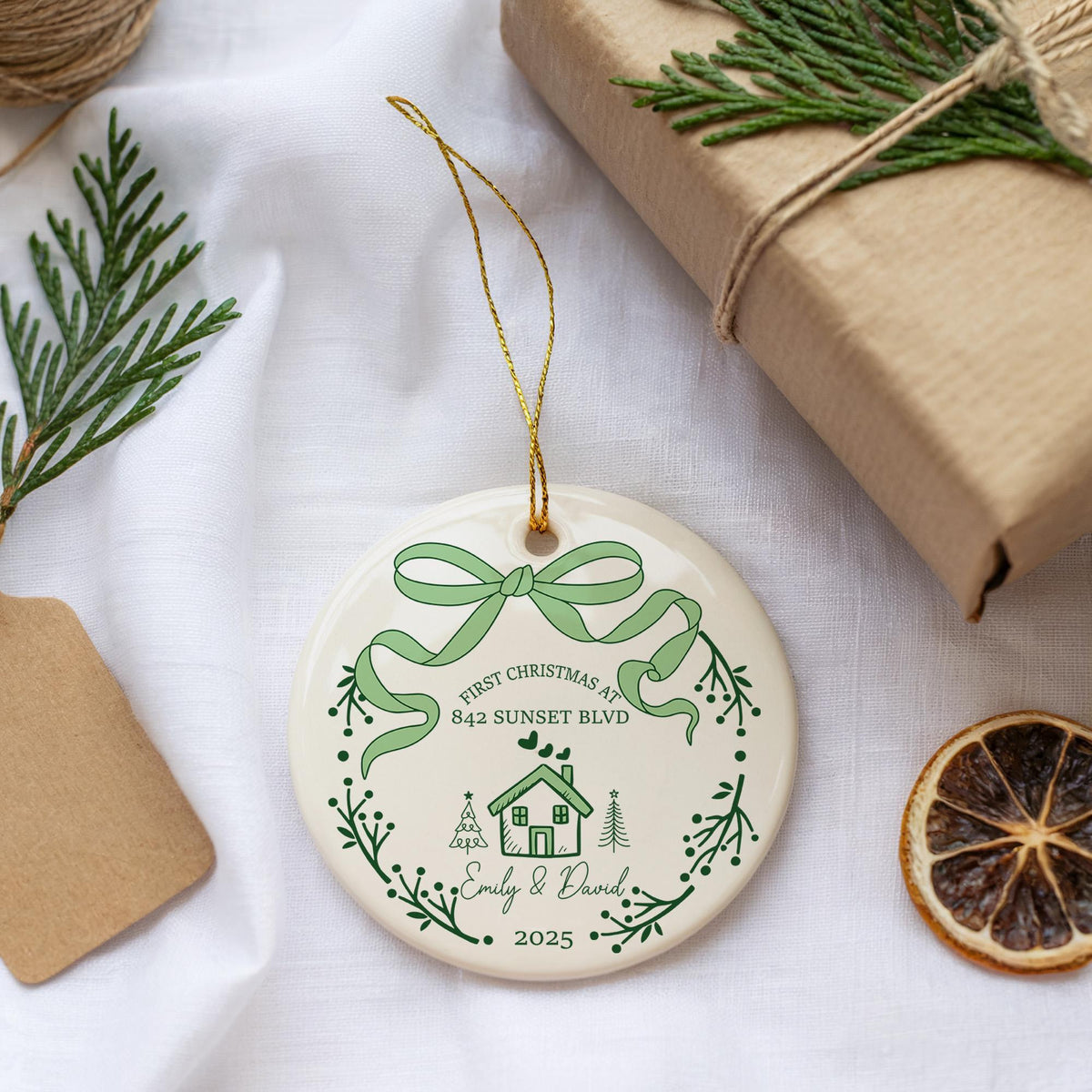 Customizable First Christmas At New Home Ornament, Cute House Warming Gift Ceramic Keepsake