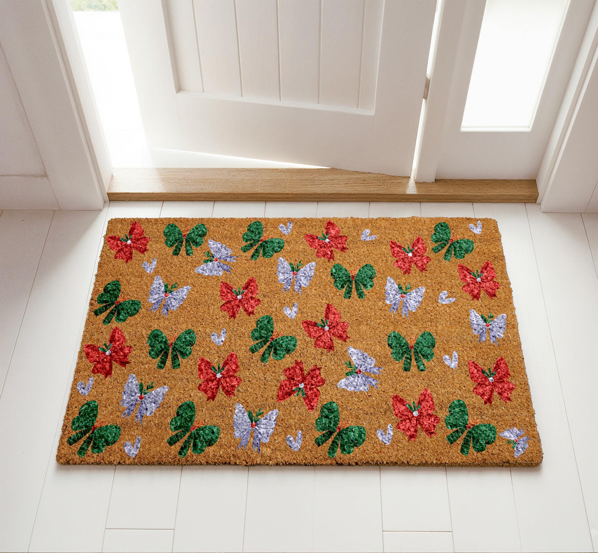 Christmas Wreath Bows Doormat, Holiday Ribbon Welcome Mat, Holiday Bow Pattern Door Mat