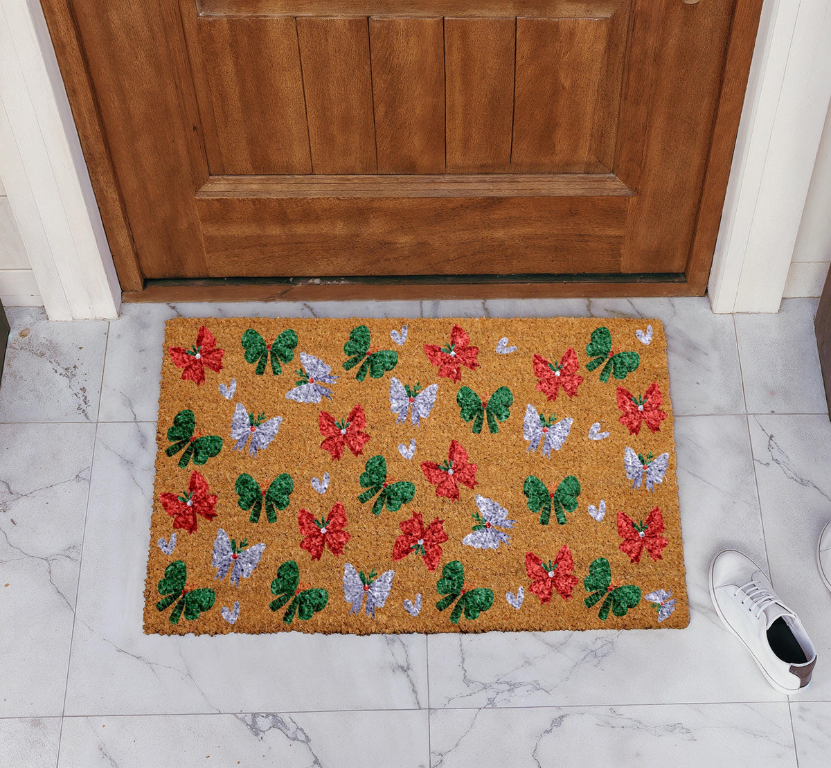 Christmas Wreath Bows Doormat, Holiday Ribbon Welcome Mat, Holiday Bow Pattern Door Mat
