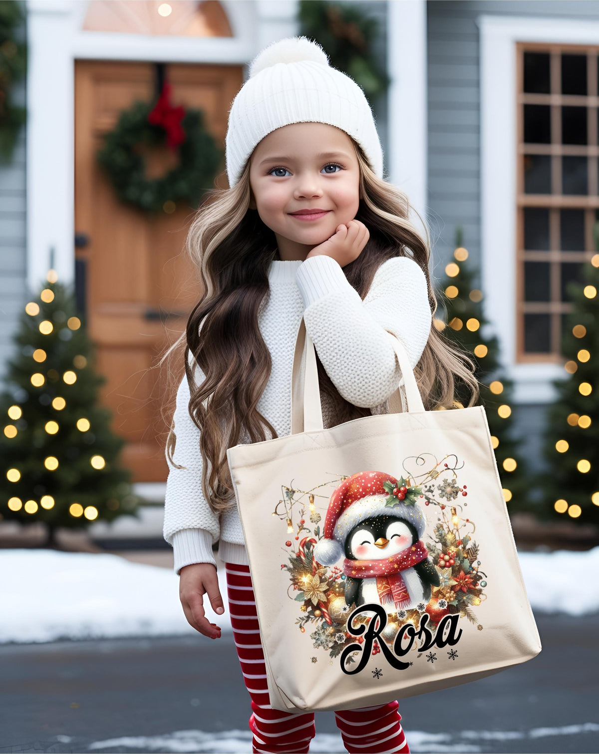 Personalized Christmas Family Matching Tote Bags, Custom Name Xmas Tote Bag Gifts, Customized Santa Snowman Penguin Reusable Canvas Bags