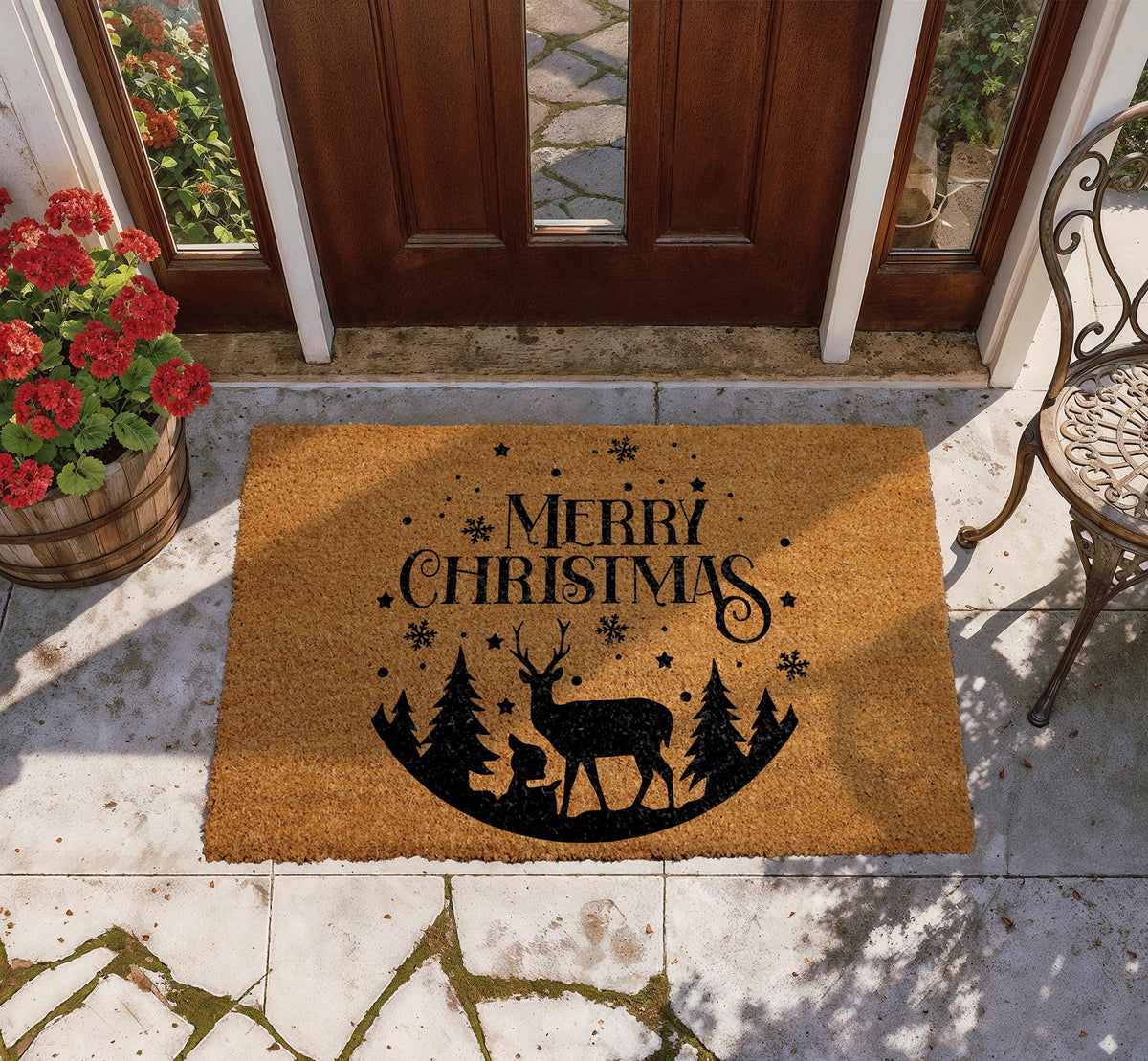 Merry Christmas Reindeer Doormat, Holly and Snowflakes Welcome Mat