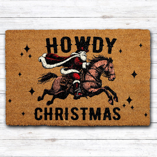 Howdy Christmas Doormat, Cowboy Santa Welcome Mat, Western Holiday Home Decor