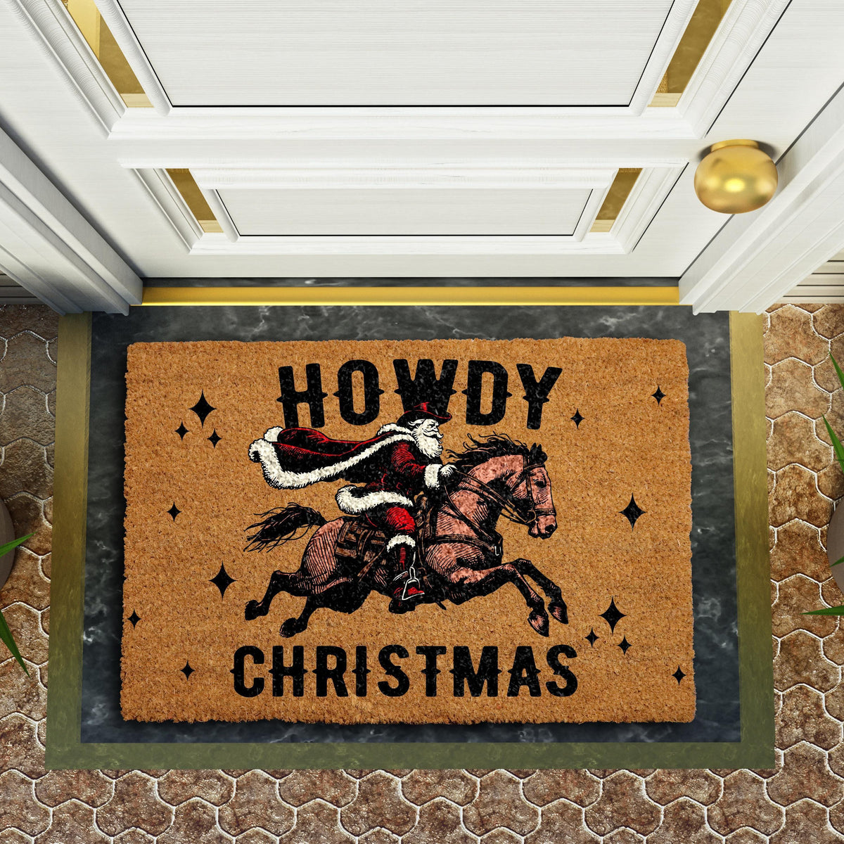 Howdy Christmas Doormat, Cowboy Santa Welcome Mat, Western Holiday Home Decor