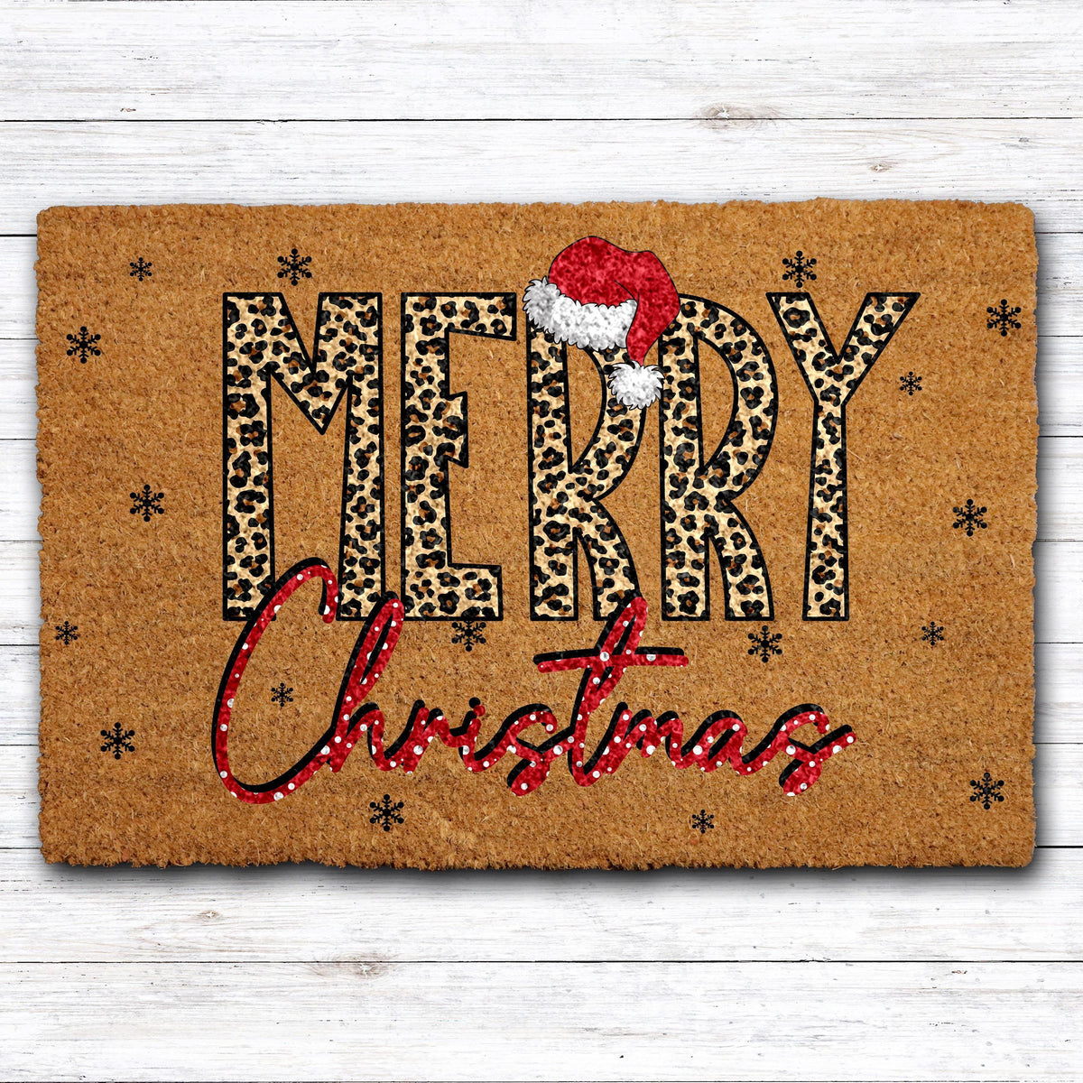 Leopard Print Merry Christmas Doormat, Santa Hat Holiday Welcome Mat, Xmas Festive Home Decor