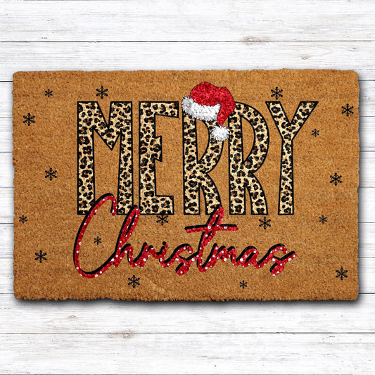 Leopard Print Merry Christmas Doormat, Santa Hat Holiday Welcome Mat, Xmas Festive Home Decor
