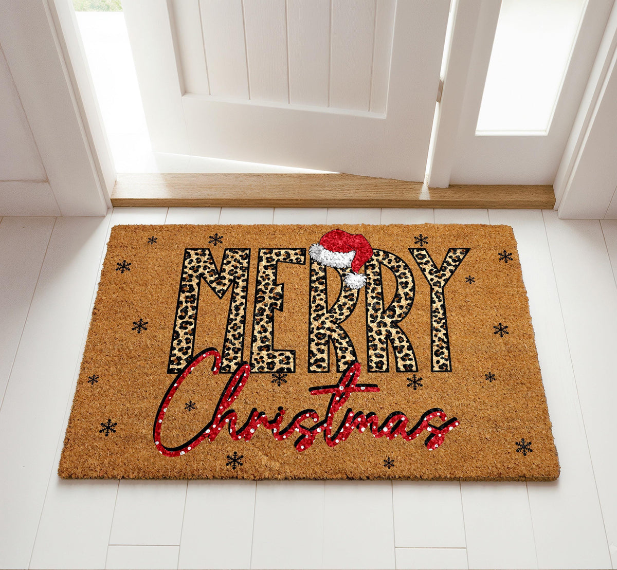 Leopard Print Merry Christmas Doormat, Santa Hat Holiday Welcome Mat, Xmas Festive Home Decor
