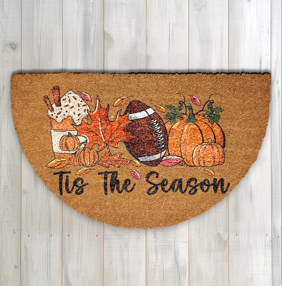 Pumpkin Spice Latte & Football Welcome Mat, Autumn Season Doormat, Thanksgiving Home Decor