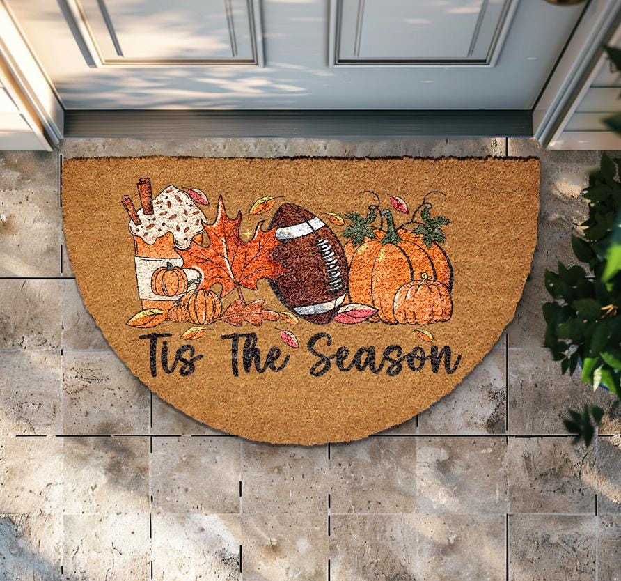 Pumpkin Spice Latte & Football Welcome Mat, Autumn Season Doormat, Thanksgiving Home Decor
