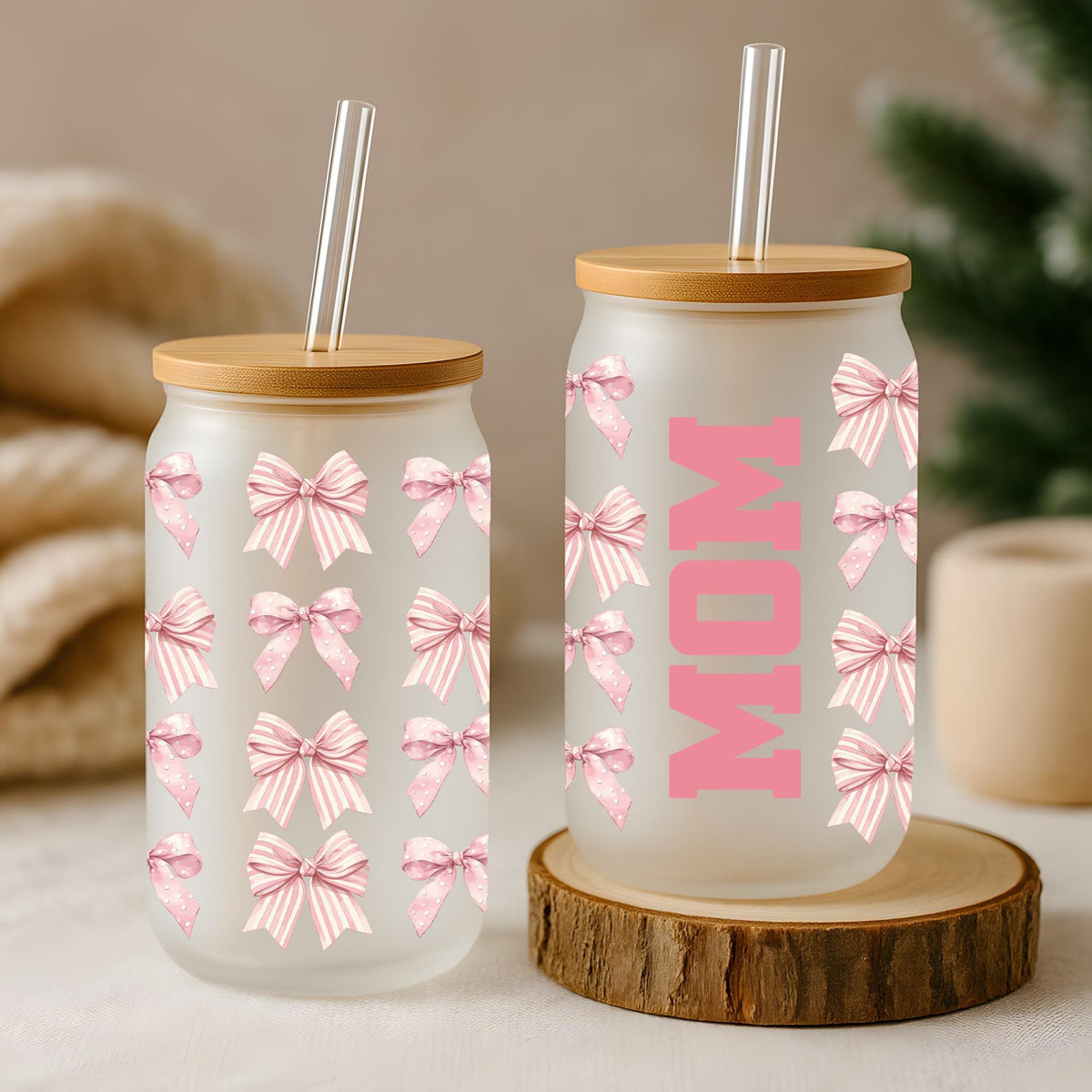 Pink Coquettes Bows Mom Can Glass Tumbler, Cute Mother's Day Gift, Mom's Iced Coffee Cup
