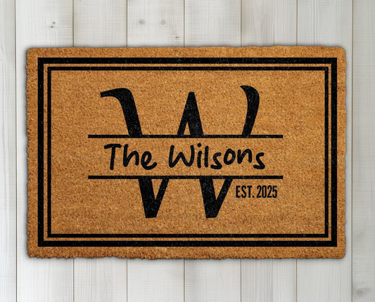 Personalized Family Name & Initial Doormat, Custom Est Year Welcome Mat, Cute Housewarming Gift