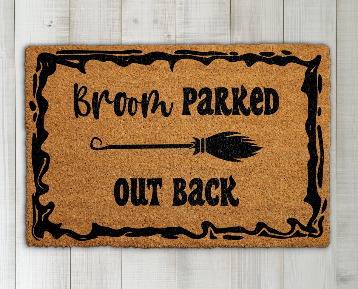 Broom Parked Out Back Doormat, Funny Witch Welcome Mat, Halloween Front Porch Decor