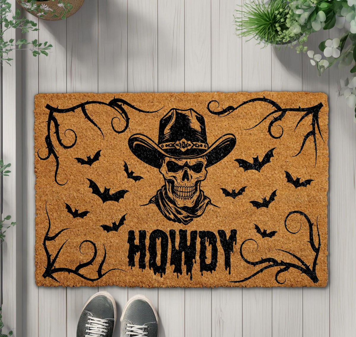 Howdy Skull Cowboy Doormat, Western Halloween Welcome Mat, Gothic Cowboy Front Porch Rug