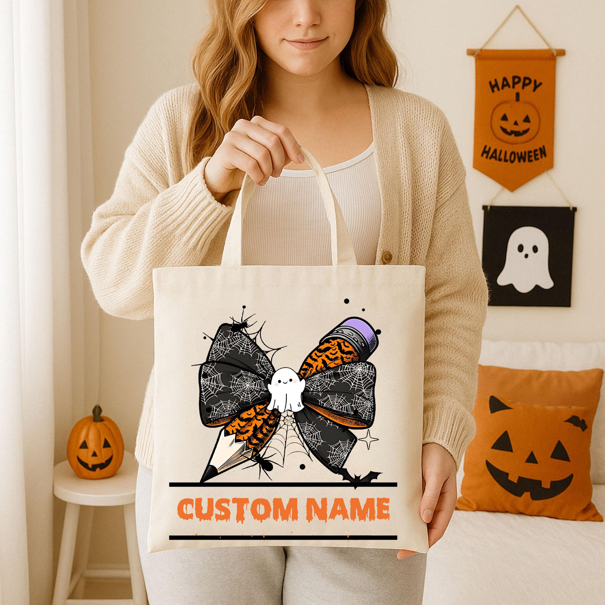 Custom Halloween Teacher Tote Bag, Personalized Teacher Spooky Ghost Bag, Cute Teacher Tote Bag, Fall Teacher Bag, Canvas Bag for Teacher