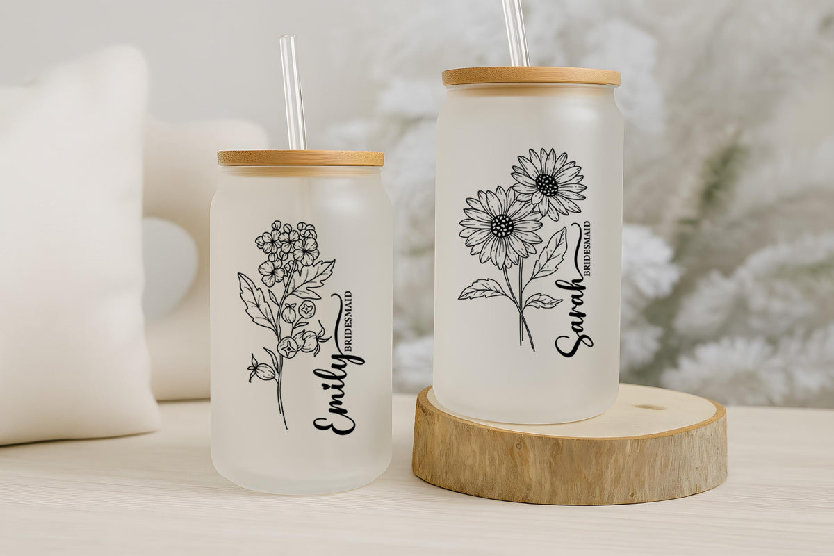 Custom Name Birth Flower Can Glass Tumbler, Floral Bridesmaids Gift