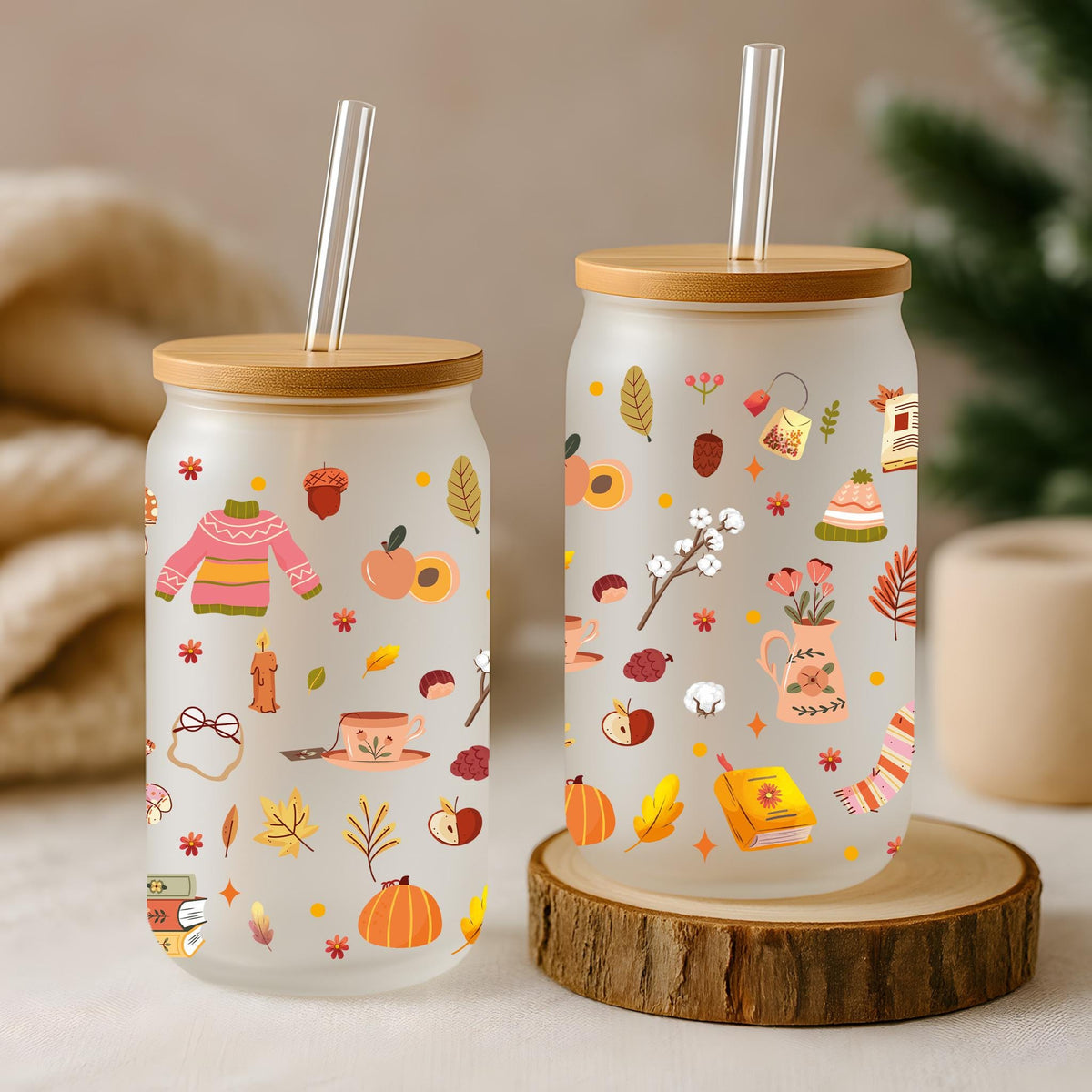 Cozy Fall Aesthetic Can Glass Tumbler, Autumn Vibes Bamboo Lid Cup