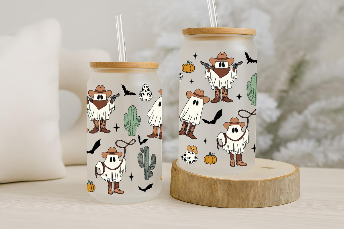 Cowboy Ghost Design Can Glass Tumbler, Western Theme Halloween Cup, Spooky Wild West Gift