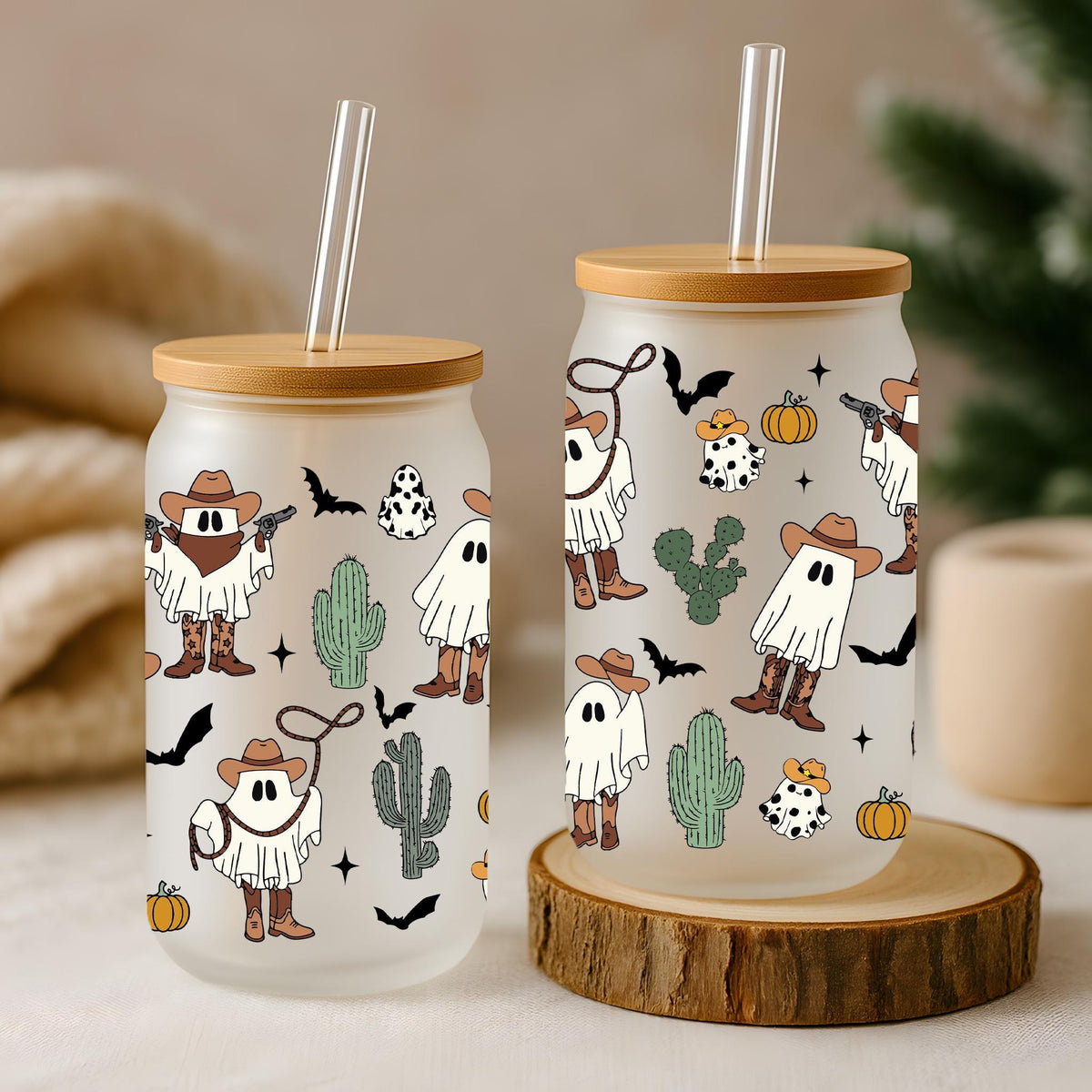 Cowboy Ghost Design Can Glass Tumbler, Western Theme Halloween Cup, Spooky Wild West Gift