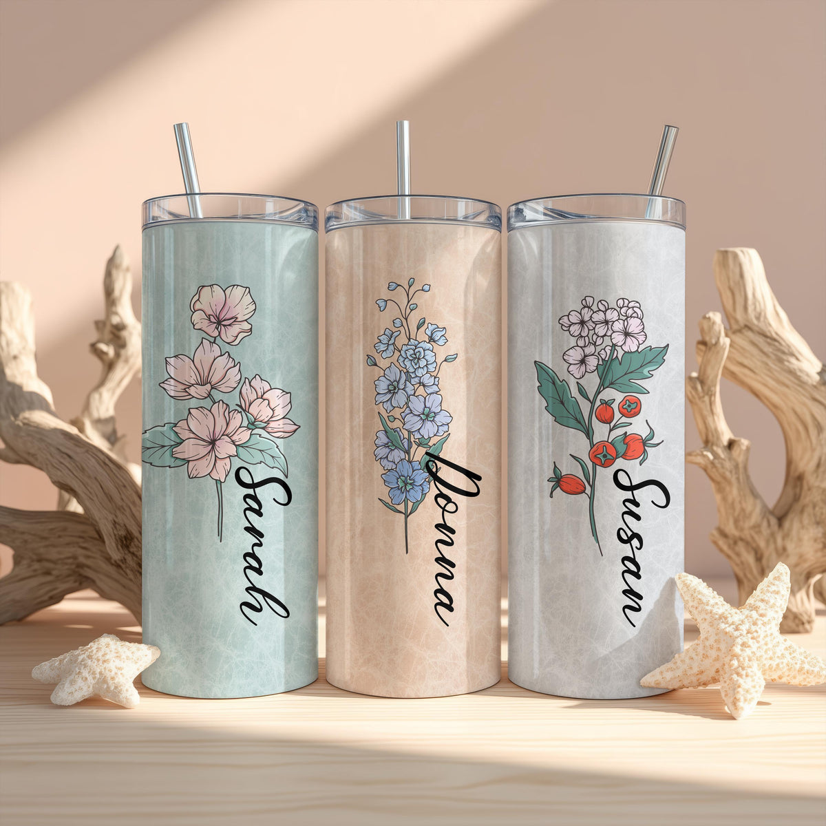 Personalized Birth Month Flower Design Tumbler With Straw, Aesthetic Birthday Party Gift