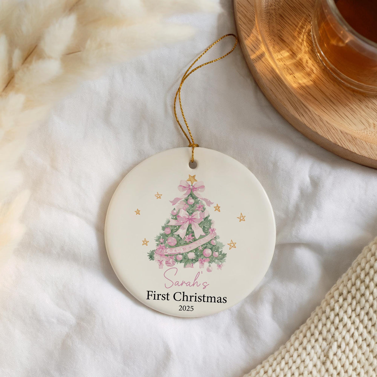 Personalized Baby's First Christmas Ornament, Pink Christmas Tree Ceramic Keepsake
