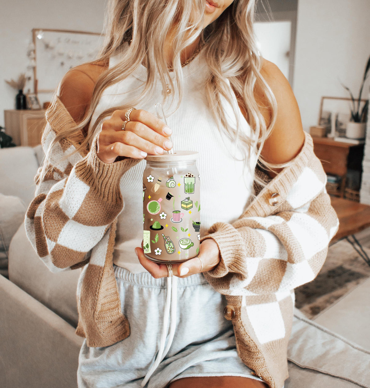 Aesthetic Matcha Theme Can Glass Tumbler, Colorful Kawaii Doodle Bamboo Lid Cup