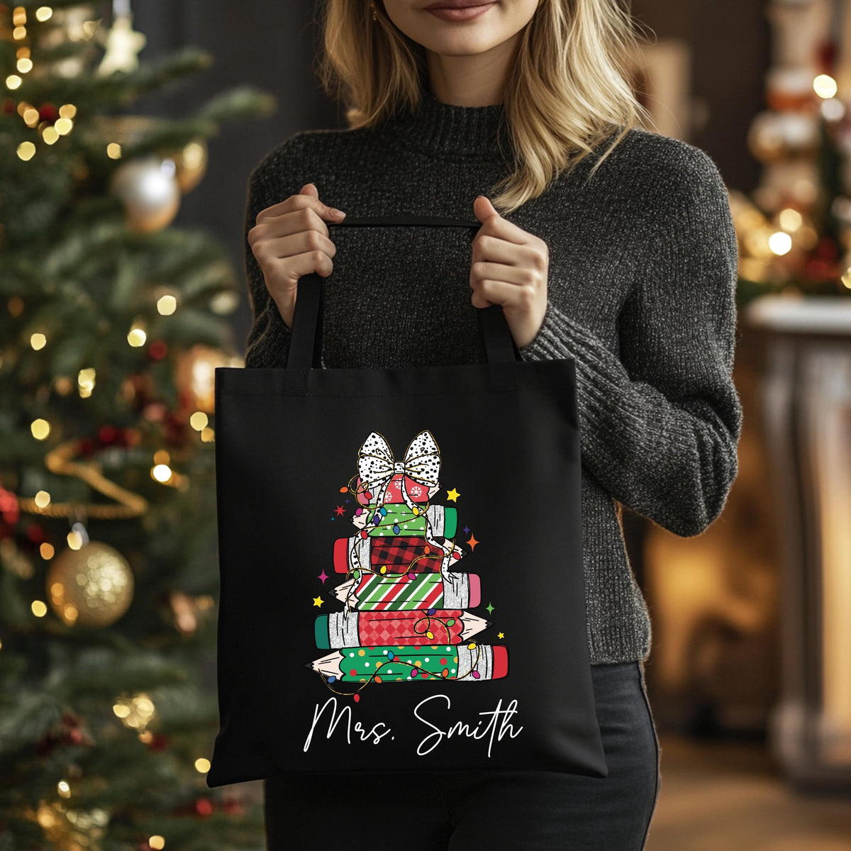 Custom Teacher Christmas Tote Bag, Teacher Xmas Bag Gift, Personalized Teacher Name Canvas Bag, Teacher Christmas Gifts, Merry Teacher Bag
