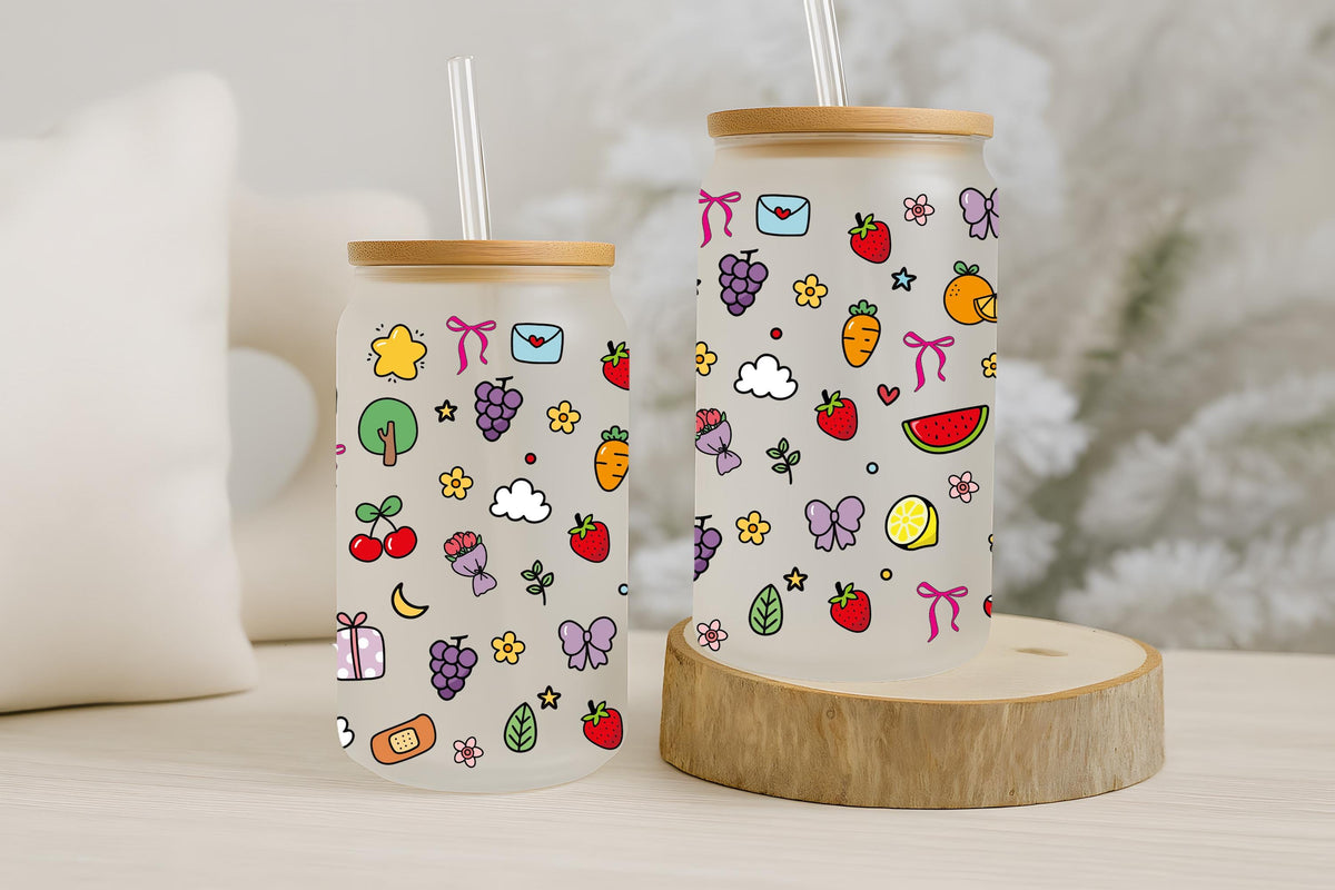 Colorful Fruity Doodle Can Glass Tumbler, Summer Vibes Iced Coffee Cup, 8-Bit Design Retro Gift
