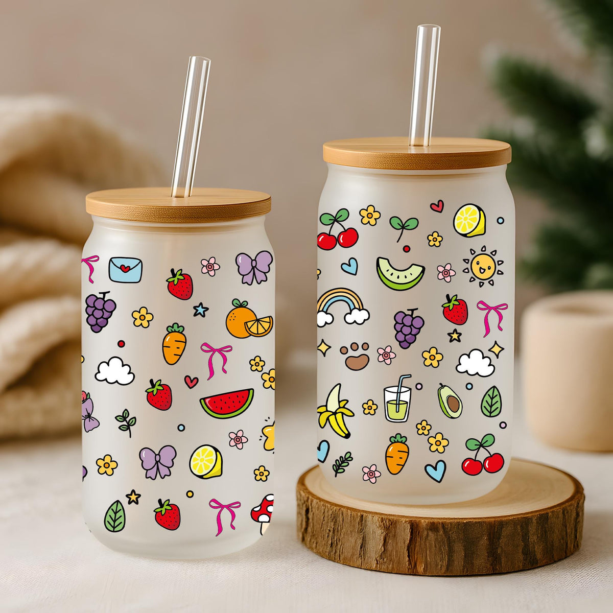 Colorful Fruity Doodle Can Glass Tumbler, Summer Vibes Iced Coffee Cup, 8-Bit Design Retro Gift