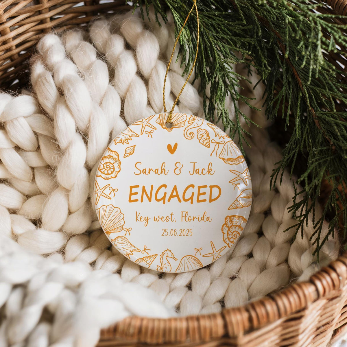 Custom Name Coastal Design Engaged Ornament, Beach Engagement Ceremony Souvenir
