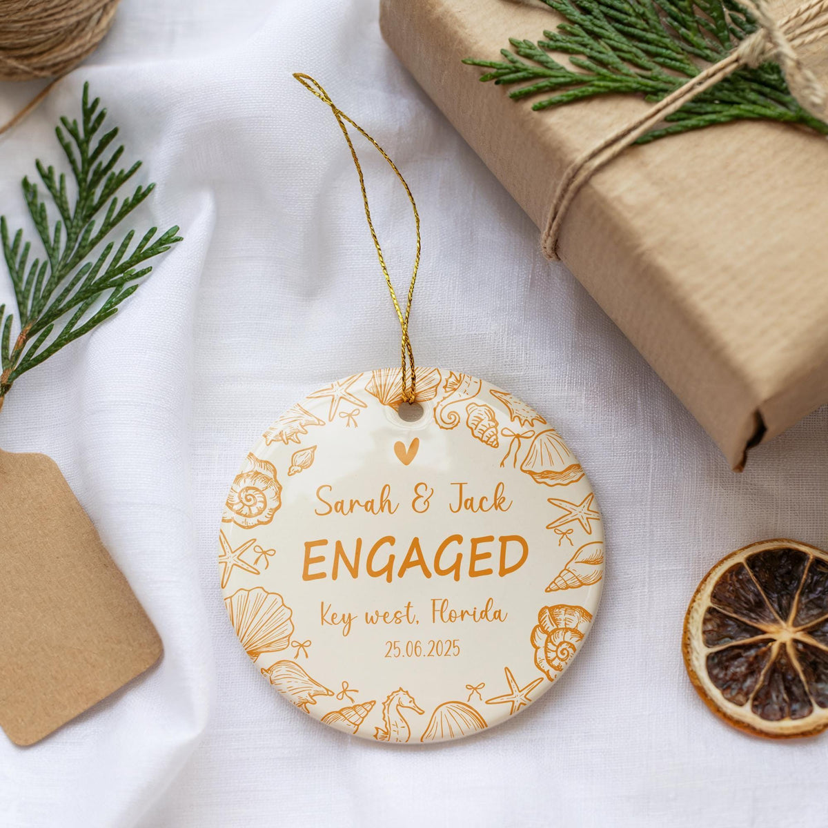Custom Name Coastal Design Engaged Ornament, Beach Engagement Ceremony Souvenir