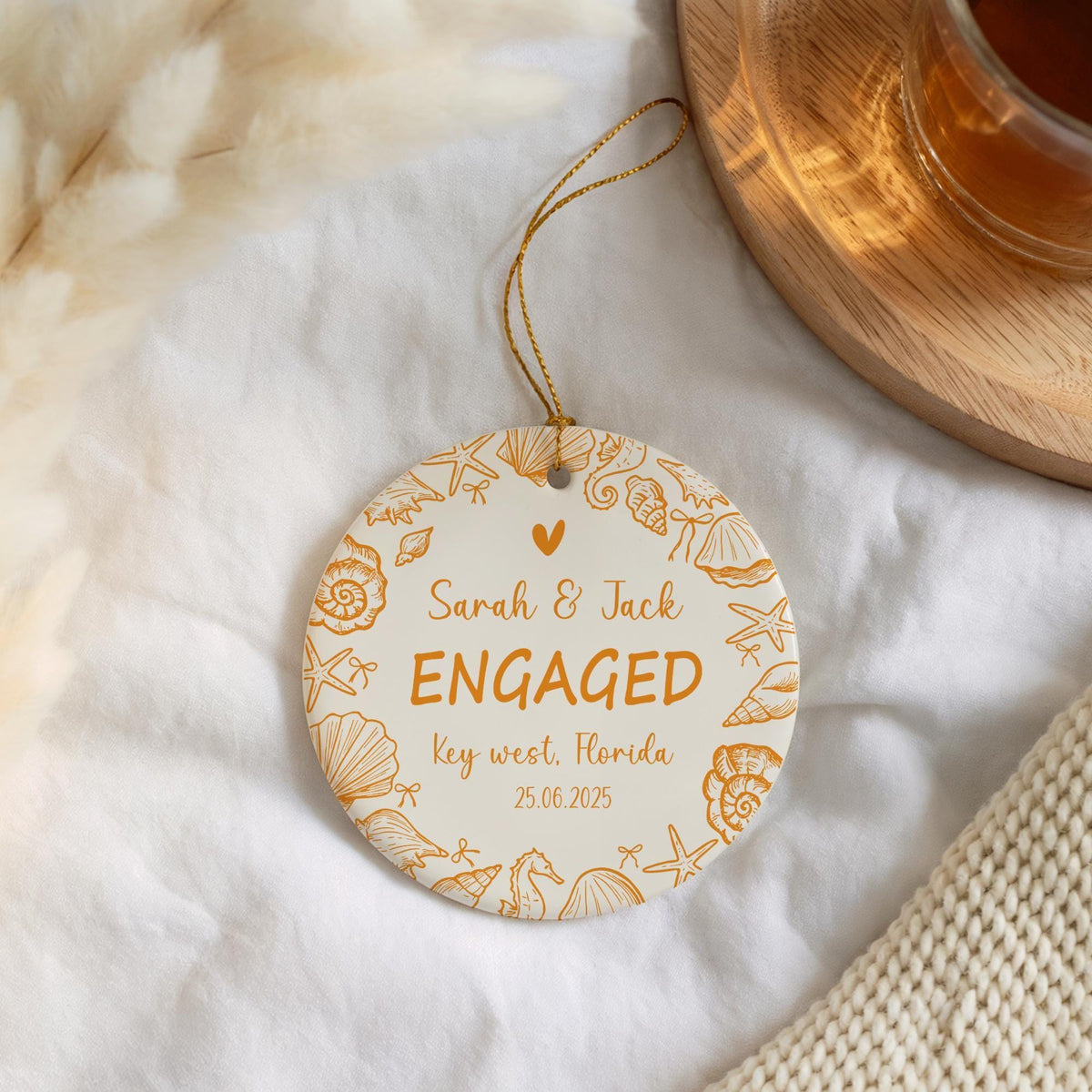 Custom Name Coastal Design Engaged Ornament, Beach Engagement Ceremony Souvenir