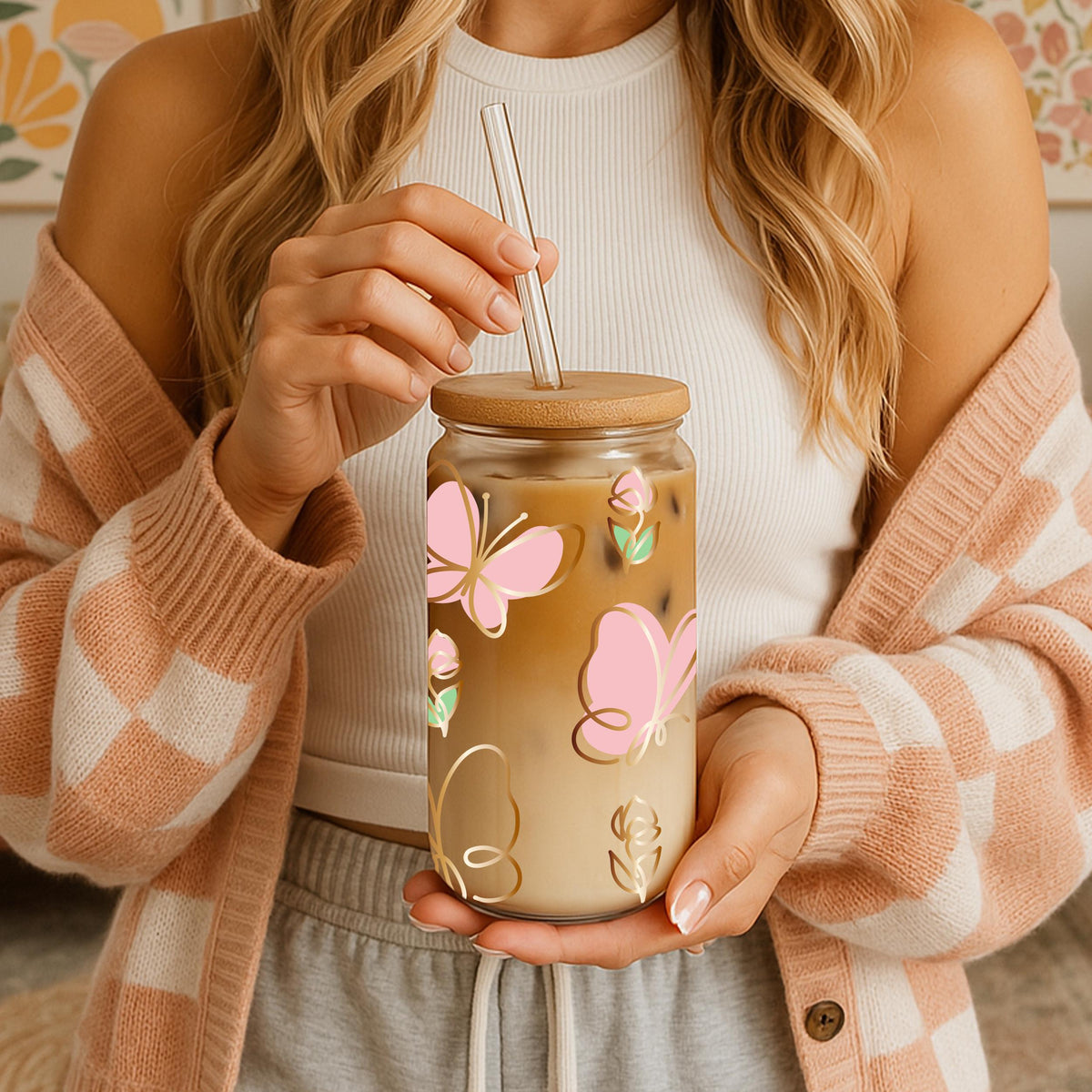 Golden Striped Butterfly Design Can Glass Tumbler