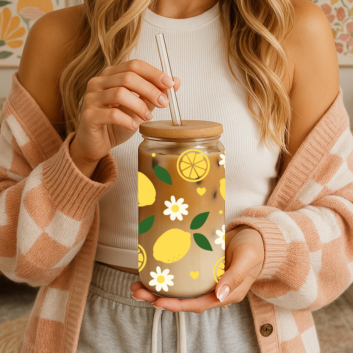 Lemon And Daisy Pattern Summer Drinks Glass Cup, Vibrant Color Lemonade Cup