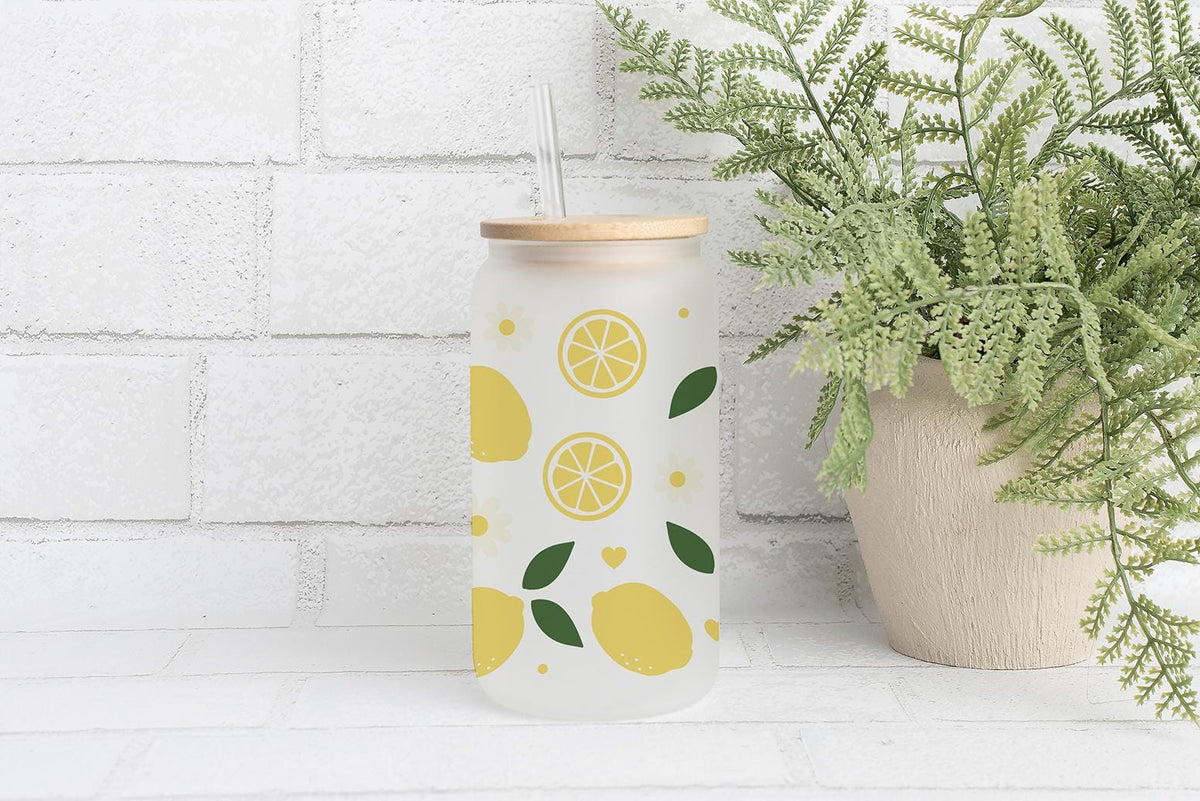 Lemon And Daisy Pattern Summer Drinks Glass Cup, Vibrant Color Lemonade Cup