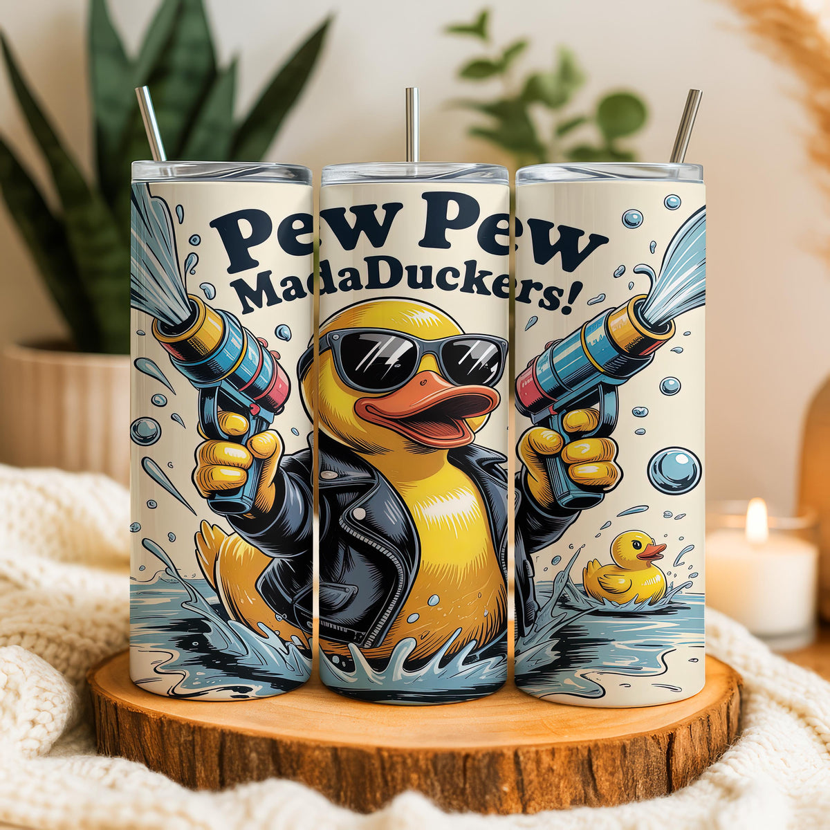 Pew Pew MadaDuckers Insulated Tumbler, Funny Duck With Guns Coffee Tumbler