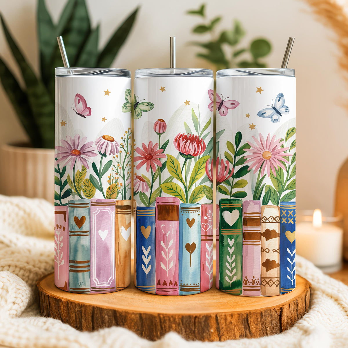 Floral Books Butterflies Tumbler, Nature Lover Bookworm Steel Travel Mug
